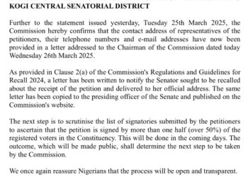 INEC CONFIRMS PETITIONERS’ CONTACT ADDRESSES FOR SENATOR NATASHA RECALL PROCESS